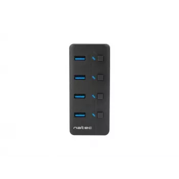 USB-jaotur NATEC MANTIS USB 2.0 Type-B — 4x USB 3.2 Gen 1 Type-A porti, must, 0,8 m kaabel, vahelduvvooluadapter, toitelüliti