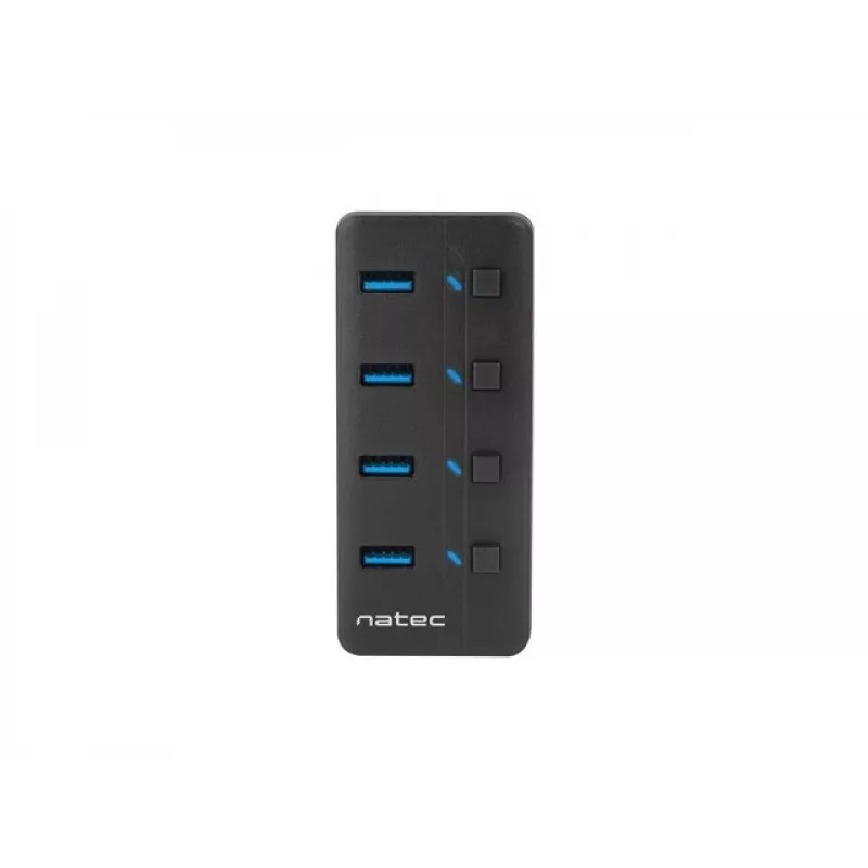 USB-jaotur NATEC MANTIS USB 2.0 Type-B — 4x USB 3.2 Gen 1 Type-A porti, must, 0,8 m kaabel, vahelduvvooluadapter, toitelüliti