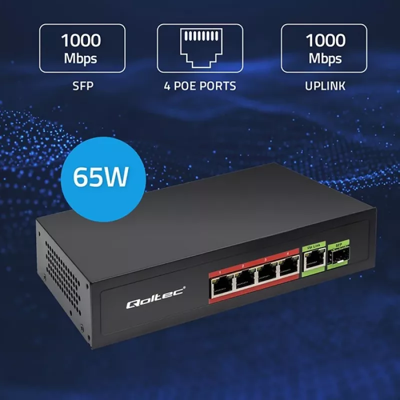 Ethernet PoE-lüliti QOLTEC 52296 — 4x RJ45 PoE-porti, 1x RJ45 üleslink