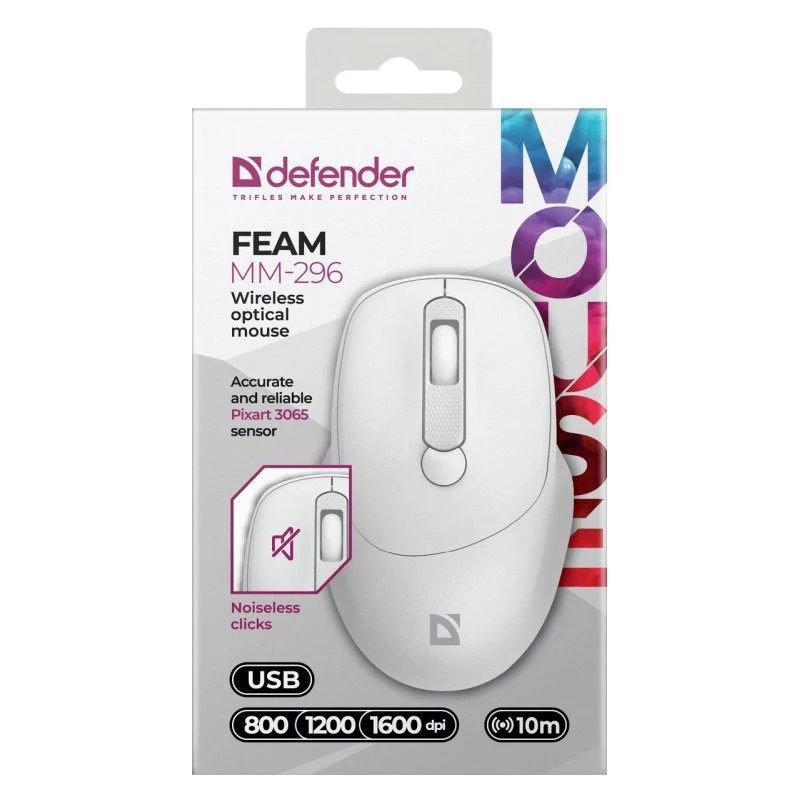 Juhtmevaba hiir DEFENDER 52297 Silent Click — mõlemakäeline, 2,4 GHz nano USB, 1600 DPI, valge