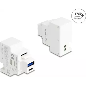 DELOCK Keystone'i moodul USB Type-A ja USB USB-C laadimispesaga PD 20 W valge