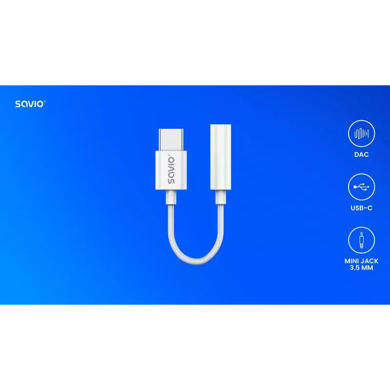 USB Type-C (M) – 3,5 mm pesa (F) heliadapter valge SAVIO AK-52