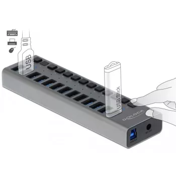 DeLOCK väline USB 5 Gbps jaotur 13 pordiga + lüliti, USB 3.2 Gen 1 (3.1 Gen 1) Type-B, USB 3.2 Gen 1 (3.1 Gen 1) Type-A, 5000 Mbit/s, hall, alumiinium, 1 m