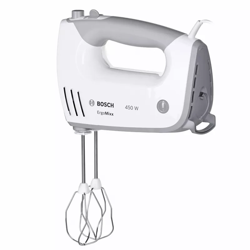 Käsisegisti Bosch MFQ36480 – 450 W, 5 kiirust turboga, hall/valge, visplid ja taignakonksud