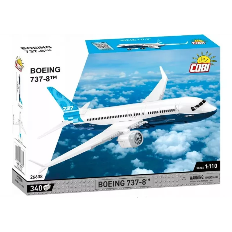 Ehituskomplekt Cobi Boeing 737-8 — 340 osa, soovitatav vanus 7+, sinine ja valge