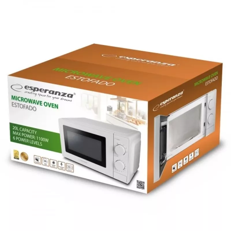 Solo mikrolaineahi ESPERANZA ESTOFADO — 700 W, 20 l, 5 võimsustaset, 24,5 cm pöördalus, valge