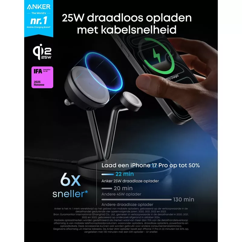 Anker Prime juhtmevaba laadimisjaam Qi2.2 25W juhtmevaba laadimine (3-in-1, MagGo, AirCool, Dock Stand) toiteplokk lisatud