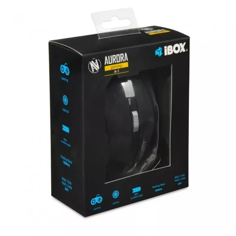 Juhtmega optiline hiir IBOX Aurora A-1 — paremakäeline, 6 nuppu, 2400 DPI, USB Type-A, LED-valgustus, 1,8 m kaabel