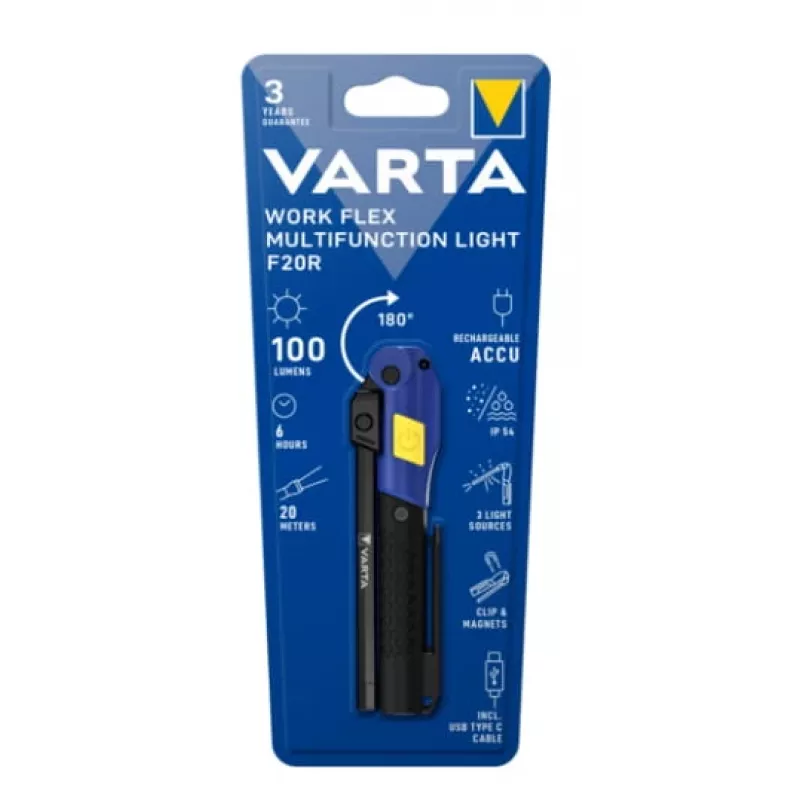 Käsi-töövalgusti Varta Work Flex Must LED, 100 lm, sisseehitatud aku, 6 h, alumiinium/nailon/PC/kumm, 120 mm