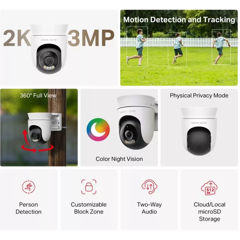 IP-turvakaamera MERCUSYS MC510 dome 2 MP, 2304×1296, 30 kaadrit/s, Wi‑Fi ja Ethernet, IR-öönägemine, laekinnitus, valge