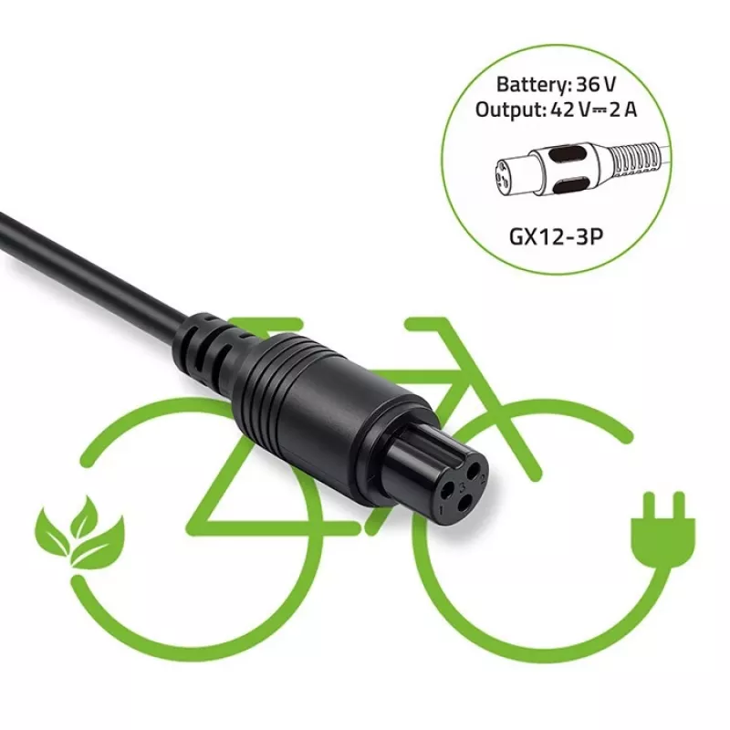 E-jalgratta laadija QOLTEC 36V–42V 2A GX12 3-kontaktilise pistikuga