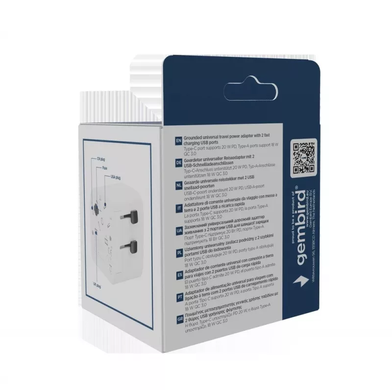 Reisiadapter GEMBIRD TPA-EU1A1C20-01-W 20W, USB-A 18W + USB-C 20W, Schuko pistikupesa, sisend 100–250V