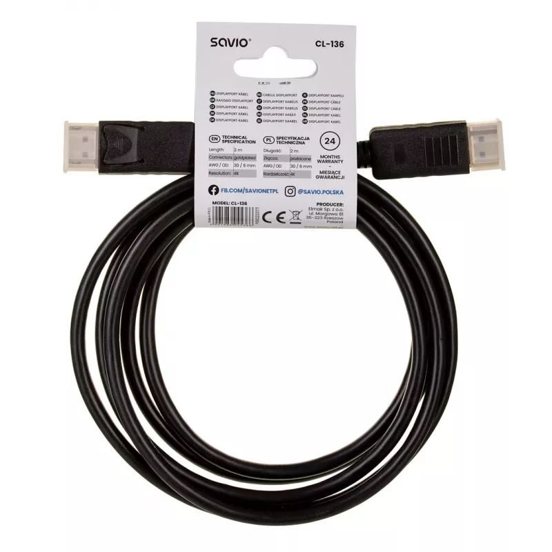 DisplayPort-kaabel SAVIO CL-136, DisplayPort, isane–isane, 2 m, DP 1.2, kullatud kontaktid, must