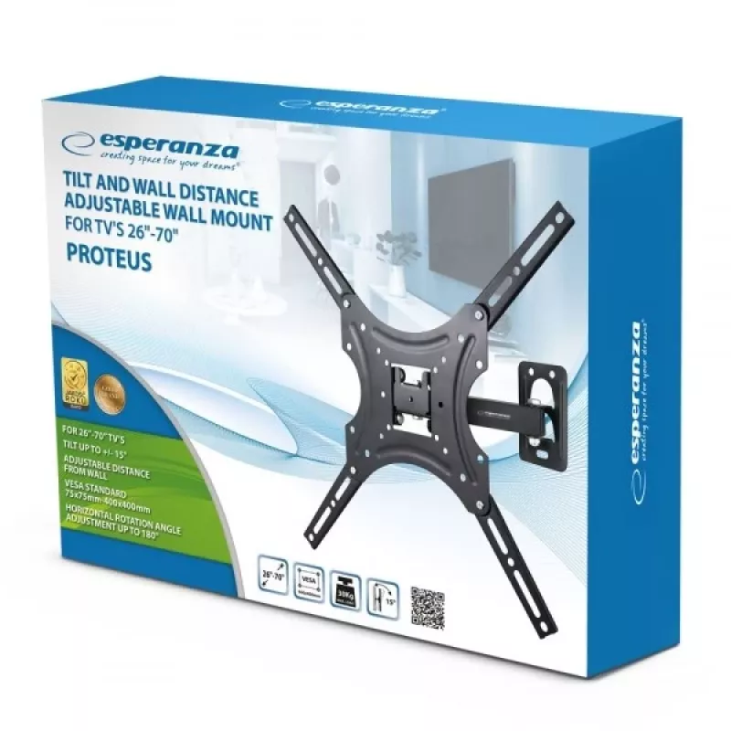 TV seinakinnitus ESPERANZA PROTEUS 26–70 tolli (66–177,8 cm), kallutus ±15°, pööramine 120°, VESA 75×75–400×400, max koormus 55 kg, must