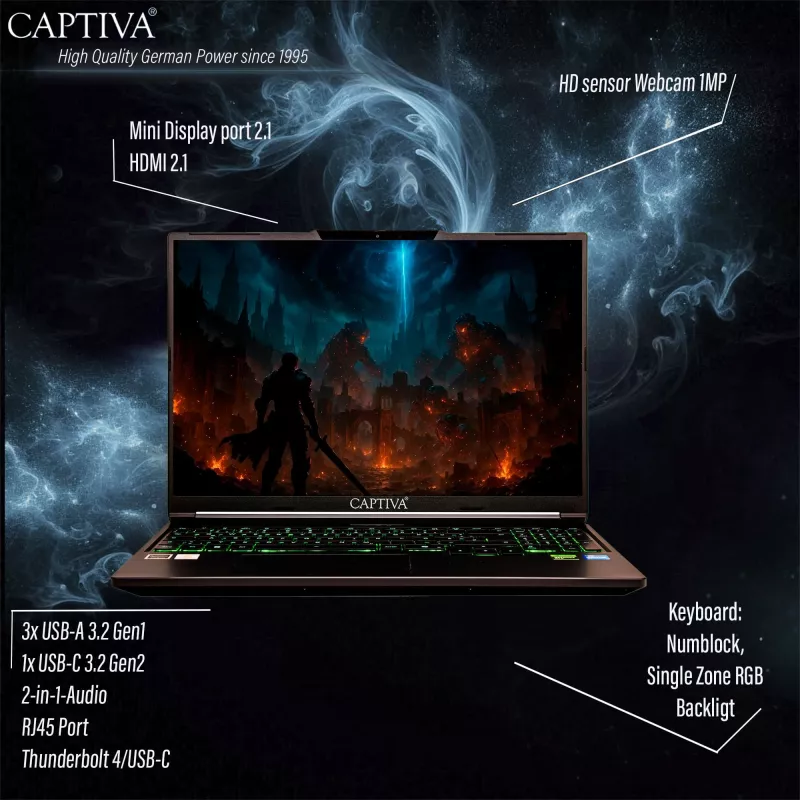 Captiva Highend Gaming I95-052GE sülearvuti, 16" WQXGA, Intel Core i7-14650HX, 32 GB, 1 TB SSD, NVIDIA GeForce RTX 5070, Windows 11