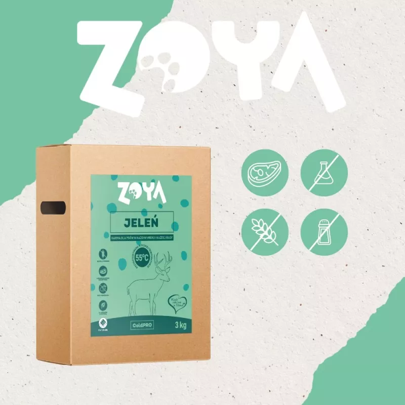 Kuiv koeratoit ZOYA ColdPRO Deer 3 kg — täiskasvanud koertele, piiratud koostisosadega hirveliha retsept, 26% valku, 9,5% rasva