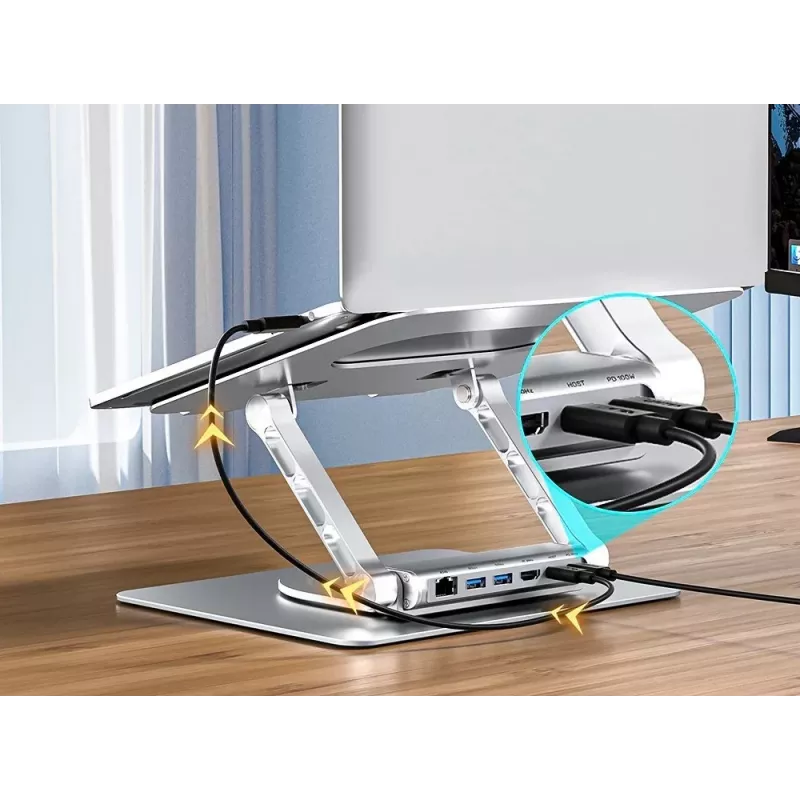 Sülearvuti alus Unitek D1109B01 — alumiiniumist reguleeritav alus eemaldatava USB‑C HDMI 4K PD 100W, 2x USB‑A, RJ‑45, kuni 17-tollistele