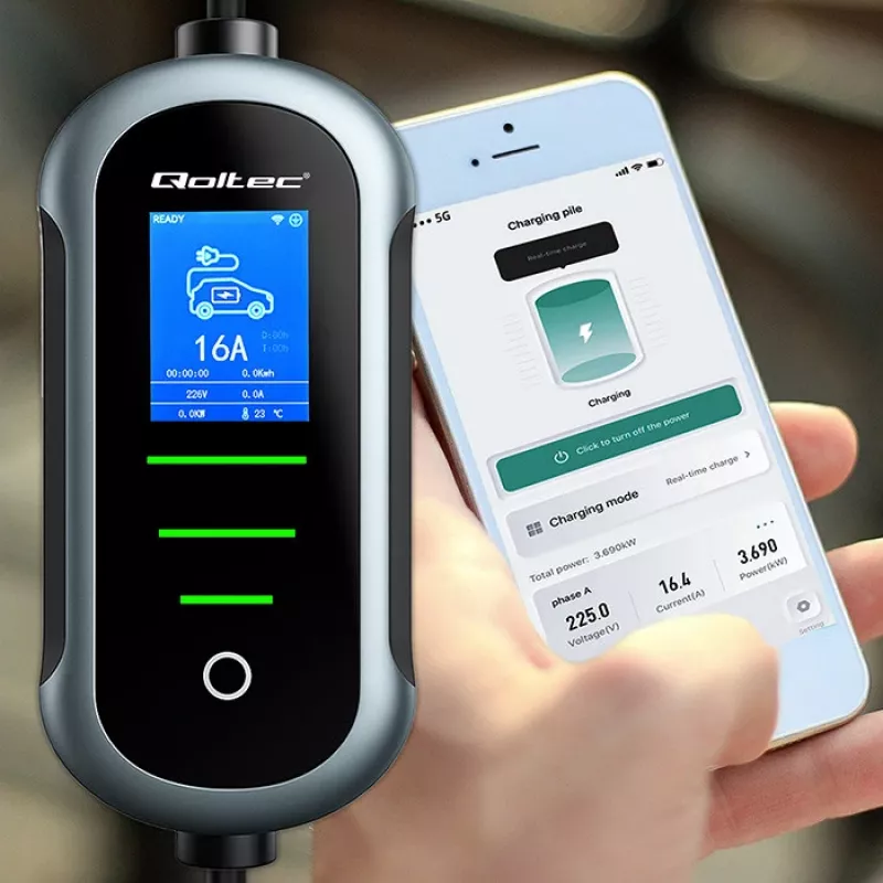 Elektriauto laadija QOLTEC Mobile EV 2in1 Type2 11 kW 400 V Wi‑Fi TUYA SMART LIFE LCD kaasaskantav seinalaadija 5 m kaabel