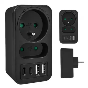 Toitejaotur MACLEAN MCE249 F/B — 2 vahelduvvoolupesa (16A + 6A) koos 2×USB-A ja 2×USB-C PD 20W, EL-pistik, must