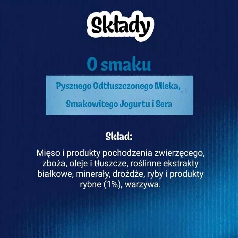 Kassi maiustused Felix Party Mix Dairy Delight 60 g — krõmpsuvad piimamaitselised maiused täiskasvanud kassidele, valk 35%, rasv 19,5%