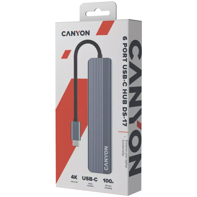 USB USB-C jaotur CANYON DS-17 — HDMI, USB 3.2 Gen 1 A, USB-C, MicroSD, 10000 Mbit/s, hall