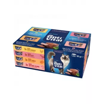 OptiVital mini purk - Multibox täiskasvanud kassidele, veise-, kana-, kalkuni- ja põdramaitsega 12x85g