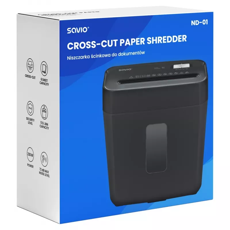 Paberipurustaja SAVIO ND-01, ristlõige 4 x 32 mm, 11 L mahuti, 230 W, must, 72 dB