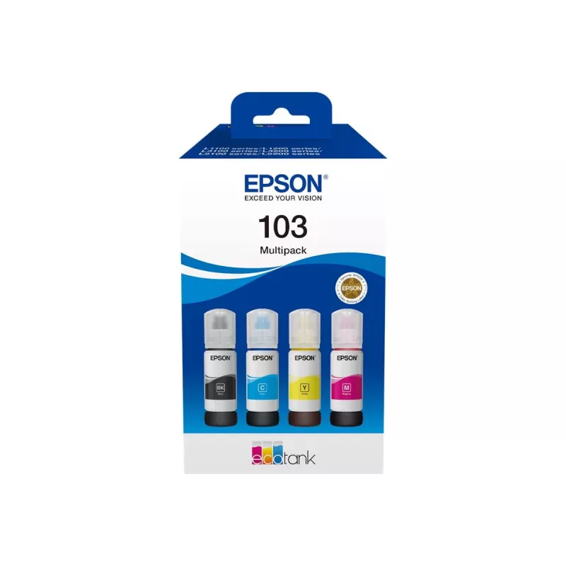 Tindikassettide komplekt Epson EcoTank 103 — Originaalne 4-värviline komplekt (must, tsüaan, magenta, kollane), Must 4500 lk, Värviline 7500 lk.
