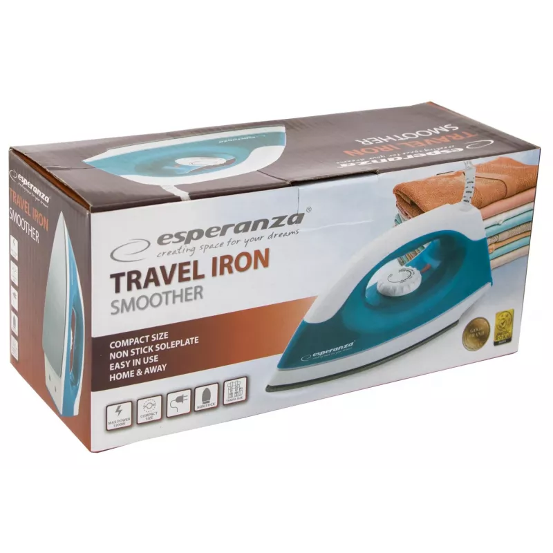 Kuivtriikraud Esperanza TRAVEL IRON SMOOTHER — 1200 W, mittenakkuv tallaplaat, 1.4 m juhe, temperatuuriindikaator, reisidisain