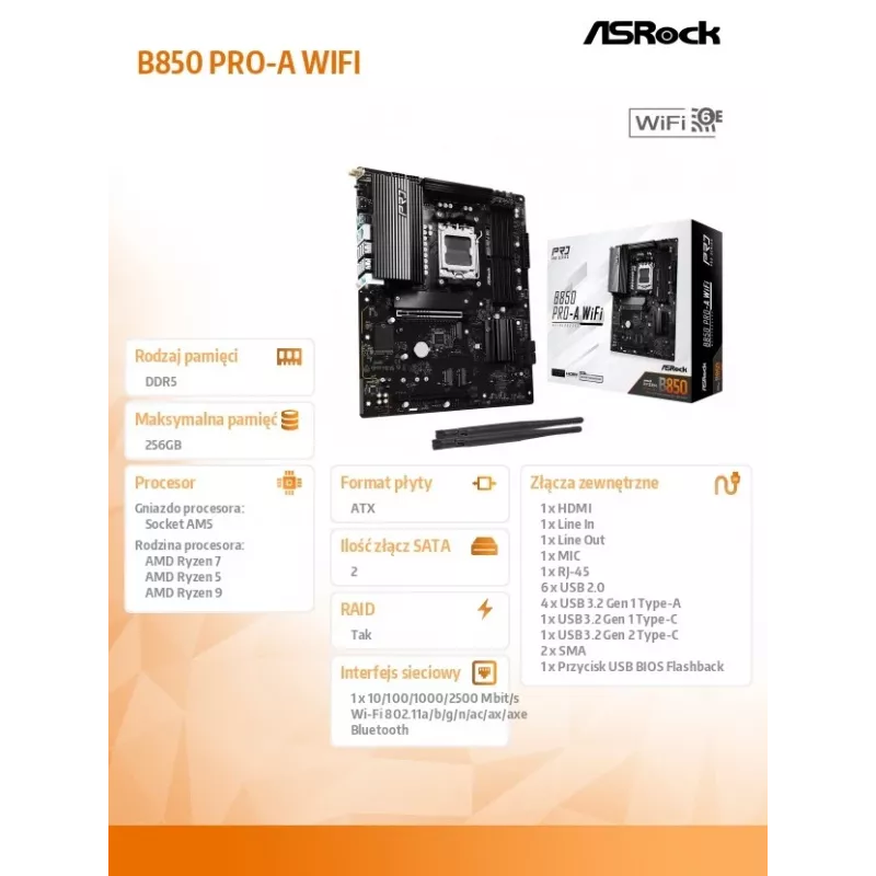 Emaplaat ASRock B850 Pro-A WiFi AMD B850 Socket AM5 ATX