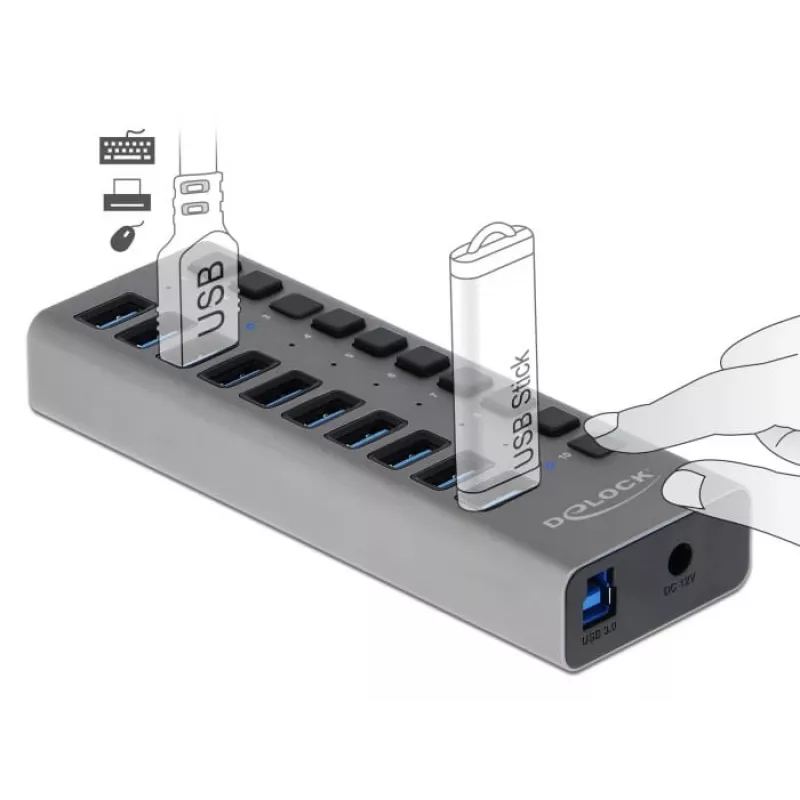 DeLOCK väline 5 Gbps USB-jaotur 10 pordiga + lüliti