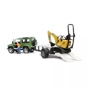 Mängusõiduk BRUDER Land Rover Defender haagise CAT ja mehega