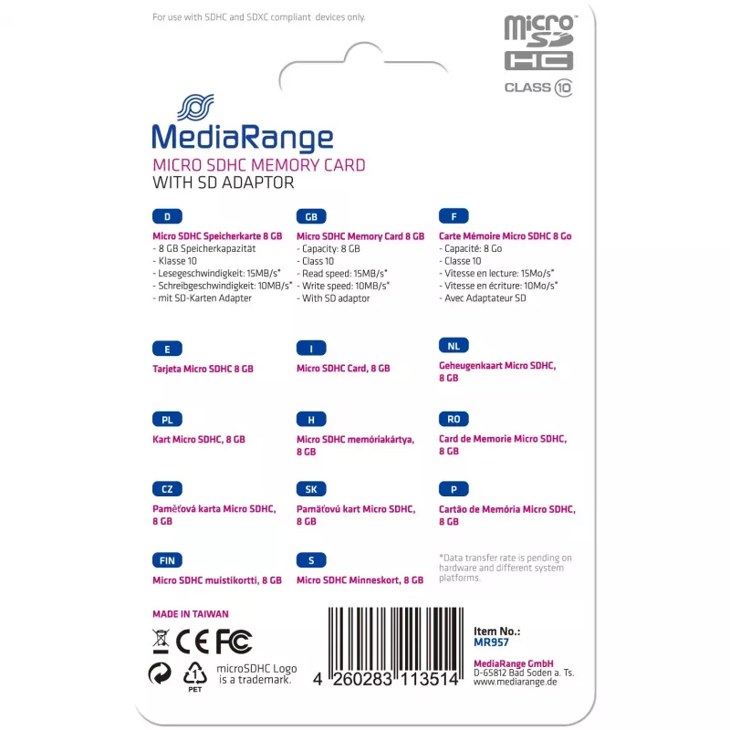 Mälukaart Micro SDHC 8GB C10/W/ADAPTER MR957 Mediarange