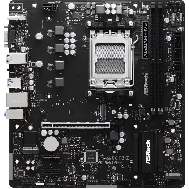 Emaplaat ASRock A620AM-HVS Micro ATX — AMD A620A kiibistik, pesa AM5, DDR5, 2 DIMM, kuni 128 GB, HDMI 2.1, M.2 2280