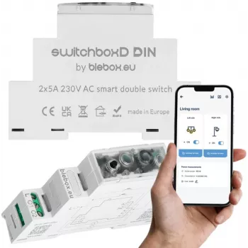 DIN-liistule paigaldatav lülituskarp bleBox switchboxD (mudel 36805) nutika kodu moodulpaigalduseks