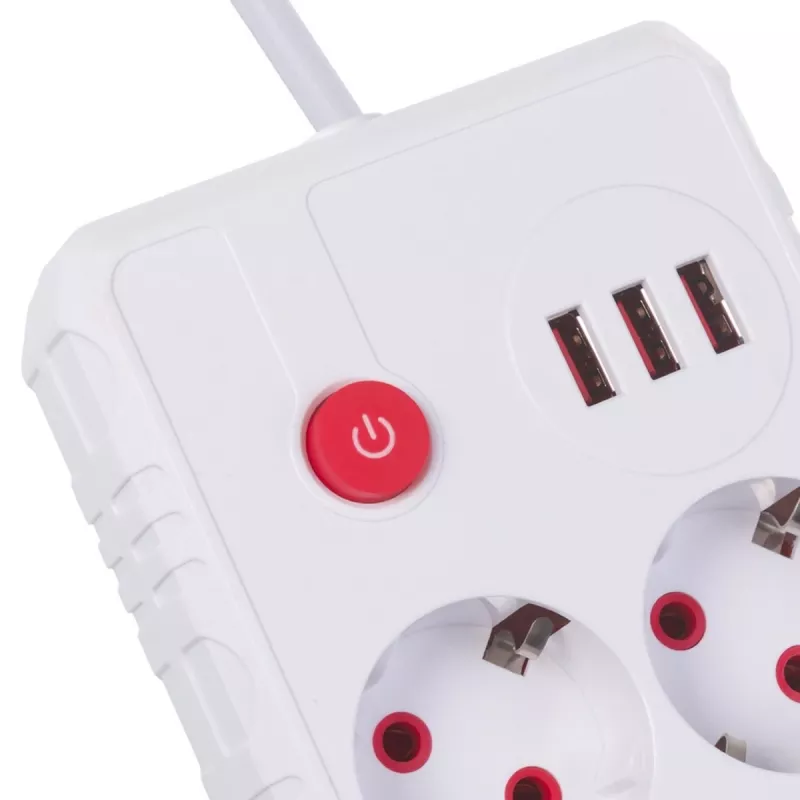 Pistikupesadega pikendusjuhe MACLEAN MCE388 W — 2 pistikupesa, 3×USB, 110–240 V, 2500 W, 3 m kaabel, valge