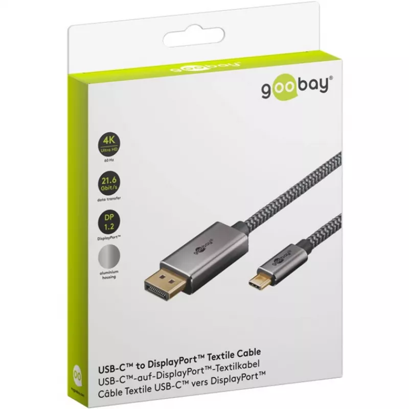 USB-adapterkaabel, USB-C-pistik > DisplayPort-pistik, 4K 60 Hz (must/hõbedane, 2 meetrit, punutud kaabel)