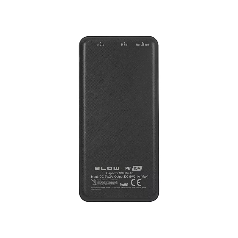 Kaasaskantav akupank BLOW PB10A 10000mAh polümeerakuga, 2x USB-A väljundit, 22,5W koguvõimsus, Micro‑USB sisend, must