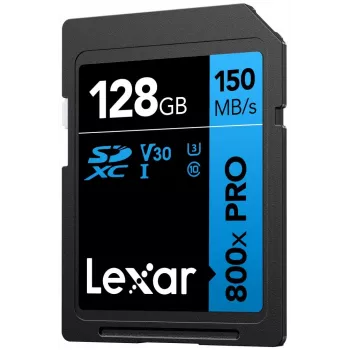SDXC-mälukaart Lexar 128 GB UHS-I 800xPRO Klass 10 U3 V30 — 150 MB/s lugemine, 45 MB/s kirjutamine, must
