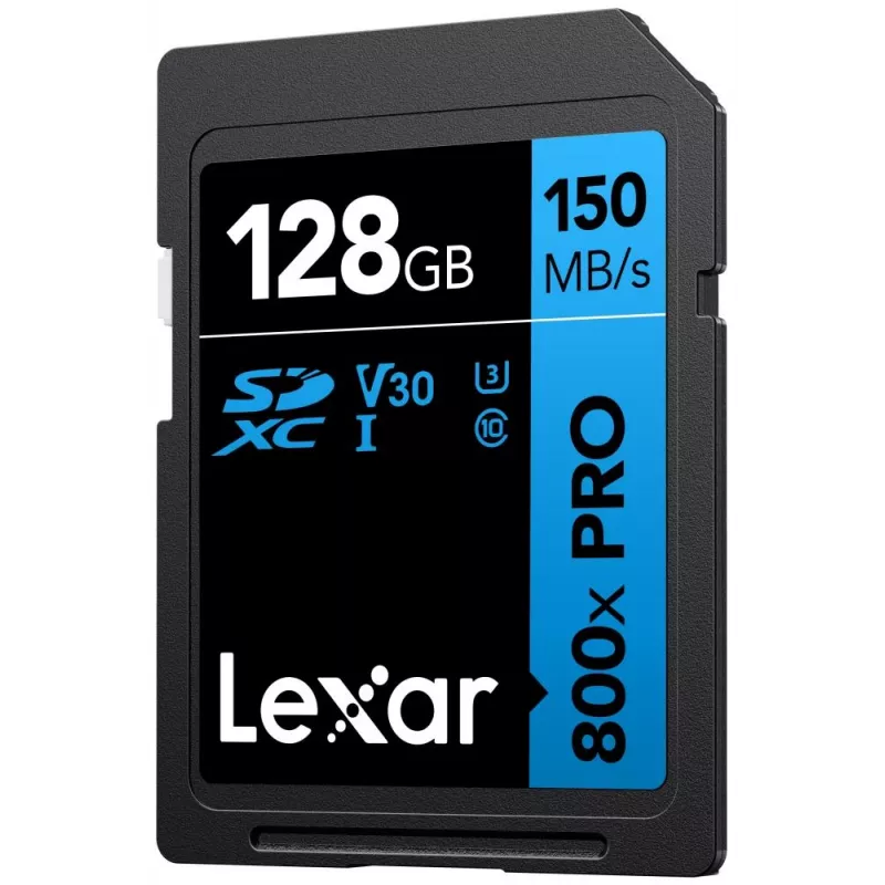 SDXC-mälukaart Lexar 128 GB UHS-I 800xPRO Klass 10 U3 V30 — 150 MB/s lugemine, 45 MB/s kirjutamine, must