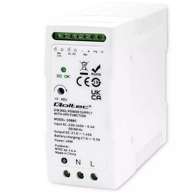Qoltec 50885 Stabiilne DIN-liistule paigaldatav toiteplokk UPS-funktsiooniga | 40 W