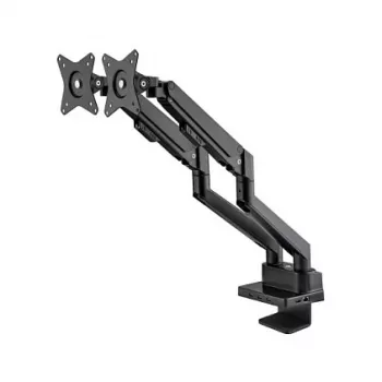 Manhattan Dual Desk Mount for TV & Monitors (Full Motion Gas Spring) with built-in Dock, For screens to 27 inch, Ports (x7): Ethernet,HDMI (x2),USB-A (x3) and USB-C,Power Delivery (100W) to USB-C Port (Separate USB-C wall charger/kaabel needed),VESA: 75x75 and 100x100mm