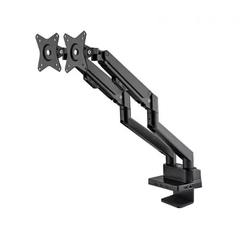 Manhattan Dual Desk Mount for TV & Monitors (Full Motion Gas Spring) with built-in Dock, For screens to 27 inch, Ports (x7): Ethernet,HDMI (x2),USB-A (x3) and USB-C,Power Delivery (100W) to USB-C Port (Separate USB-C wall charger/kaabel needed),VESA: 75x75 and 100x100mm
