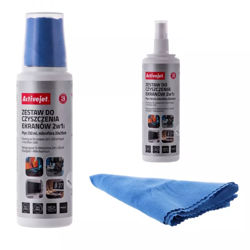 Seadmete puhastamise kuivad lapid ja vedelik ActiveJet AOC-269, mikrokiudlapp 200x200 mm, 250 ml pihusti, 2 tk
