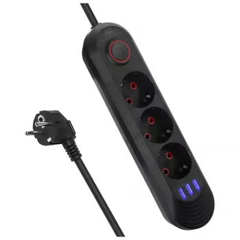 Pikendusjuhe MACLEAN MCE394 B — 3 pistikupesa + 3×USB A, 110–240V, 2,1A USB, 2500W, 1,5 m kaabel, must