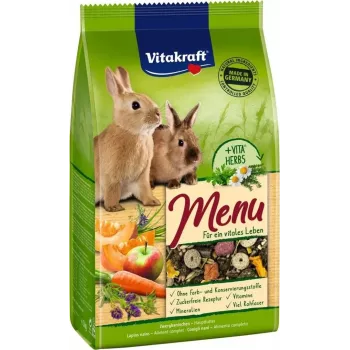 Täielik pelletiküülikutoit Vitakraft Menu Vital 3 kg — täiskasvanule, teraviljamaitse, 12,5% toorkiud, seedimistoe, kott