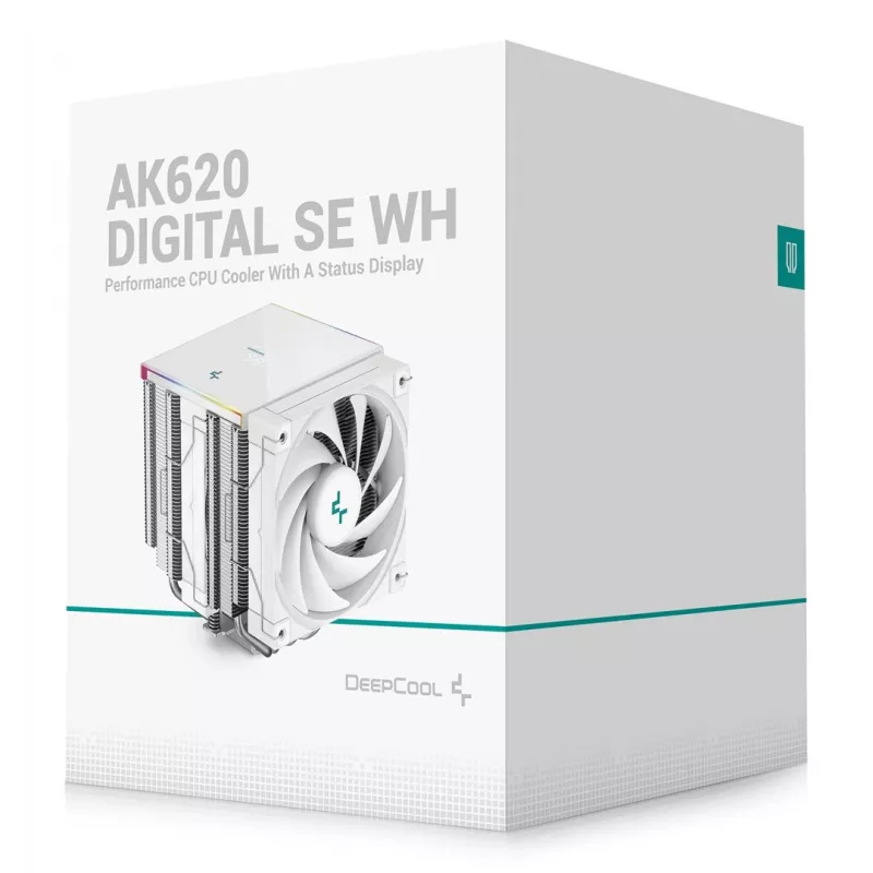 Õhkjahuti DeepCool AK620 Digital SE Valge — kahe 120 mm ventilaatoriga, 6 soojustoru, PWM, LGA 1700 tugi, sisseehitatud ekraan