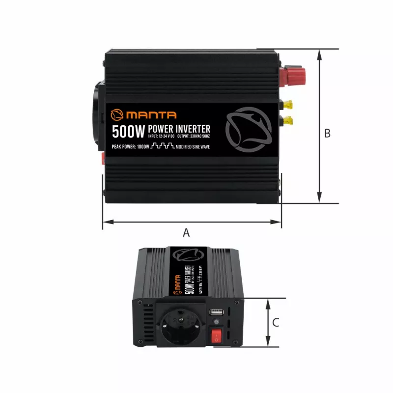 Toiteinverter MANTA MPI500M 500W pidev / 1000W tipp DC-AC