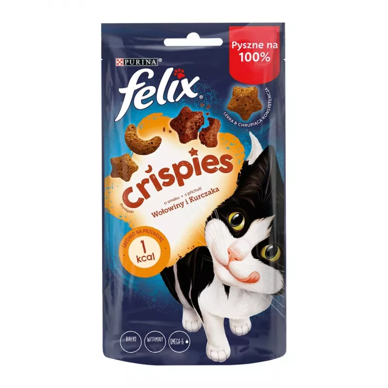 Kuiv kassimaius Felix Crispies veise ja kana 45 g — lihane krõmpsuv suupiste täiskasvanud kassidele, 31,5% valku, 15,5% rasva