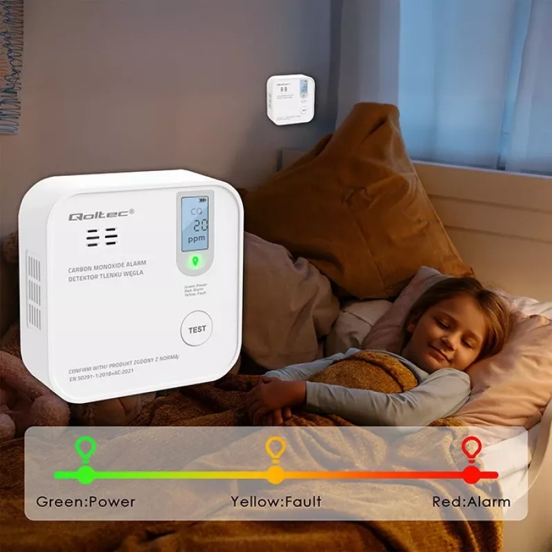 Vingugaasiandur QOLTEC 52577 — patareitoitega alarm, 85 dB helitugevus